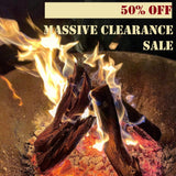Fire pit with burning wood and '50% OFF Massive Clearance Sale'